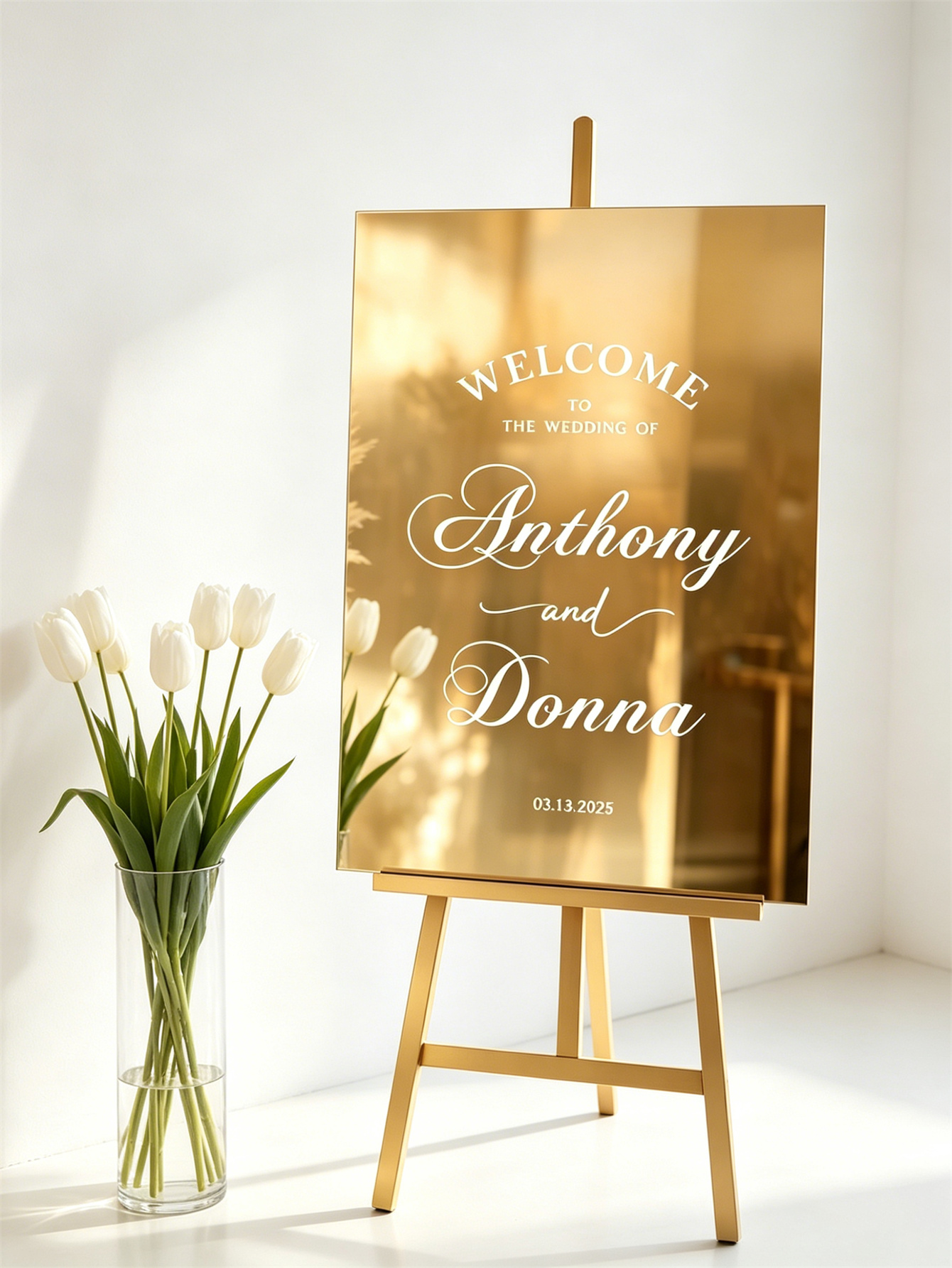 Mirror acrylic welcome signs, golden mirror wedding direction signs, custom wedding direction signs, ceremony welcome signs